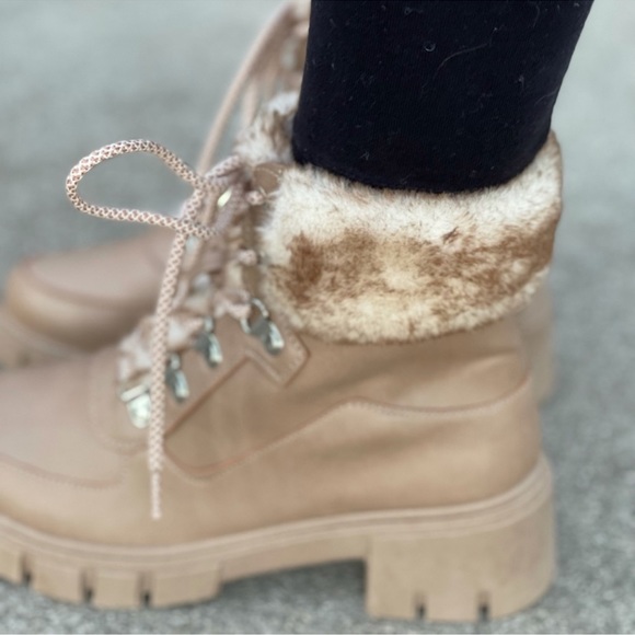 Taupe Lace-up Combat boot with faux fur ankle cuff - Picture 5 of 10